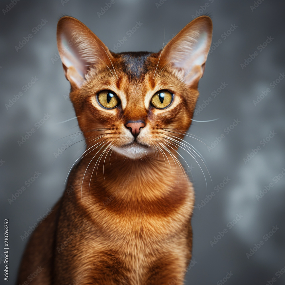 portrait of a red Abyssinian cat on a gray blurred background