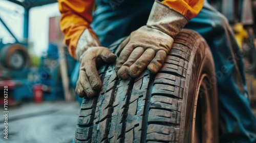 Hands of an auto mechanic worker with car tire using vulcanizing tool photo
