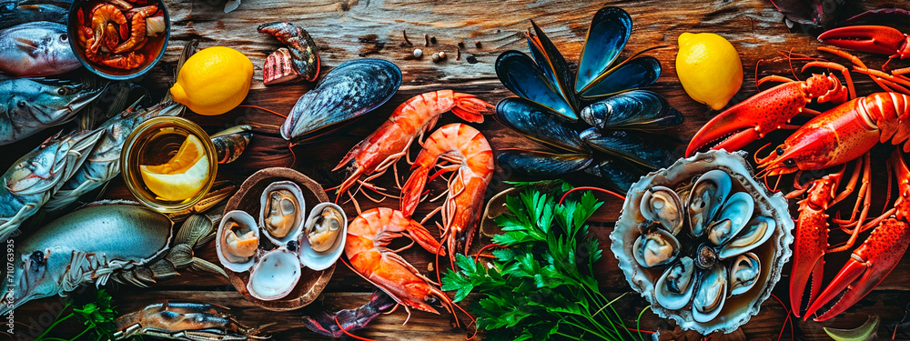 Fototapeta premium Various seafood on a wooden background. Selective focus.