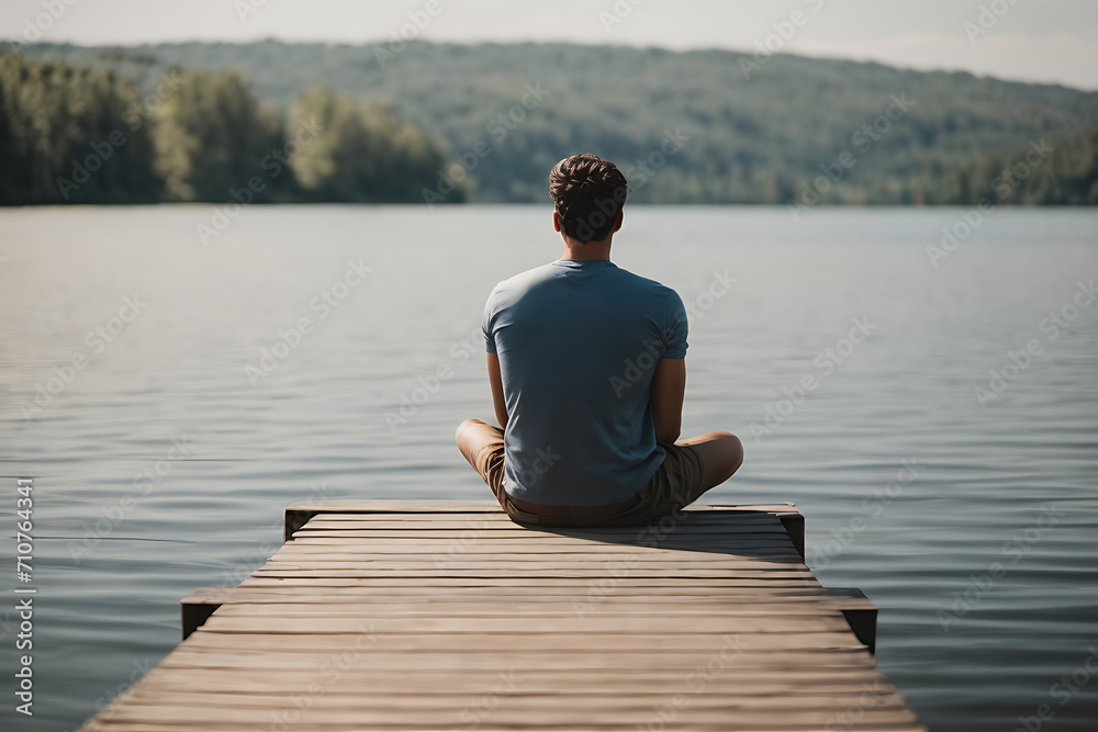Man Sitting on Dock, Contemplating the Water, Outdoors, Serene, Calm. Generative AI.