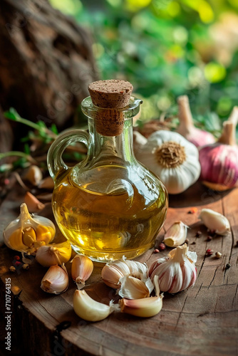 Oil of garlic on a table in the garden. Selective focus.
