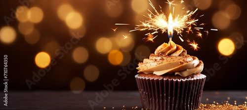 Magical background with single chocolate cupcake, sparkler, and hearts bokeh of lights