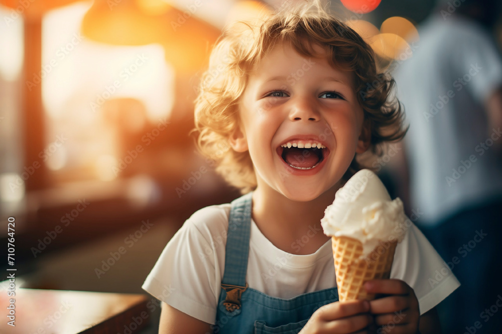 Adorable laughing and smiling child with curly hair eating ice cream at cafe, lifestyle concept Adorable laughing and smiling child with curly hair eating ice cream at cafe, lifestyle concept