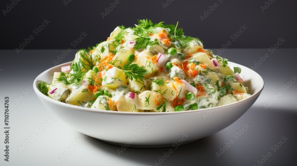 a bowl of potato salad with carrots, celery, onions and parsley in a white bowl.