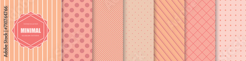 Collection of cute peach color geometric seamless patterns. Simple dotted and striped textures - repeatable unusual bright backgrounds. Textile endless prints