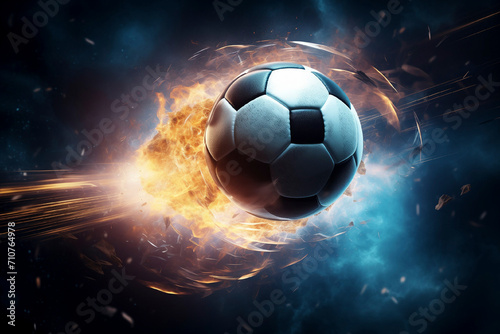 Soccer ball  abstract image of a ball on fire with sparks  explosion from impact  dark background