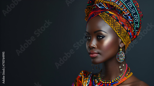 An attractive African woman wearing traditional headwear and jewelry against a black background with copy space.