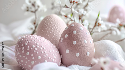 Colorful pastel Easter eggs with spring blossom flowers on soft background. Colored Pink Egg Holiday border. 