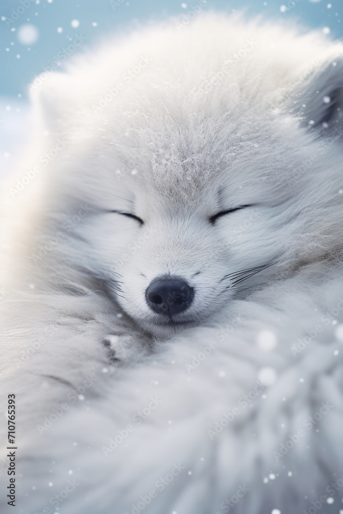 Close-Up of an Arctic fox (Vulpes lagopus) sleeping in the snow