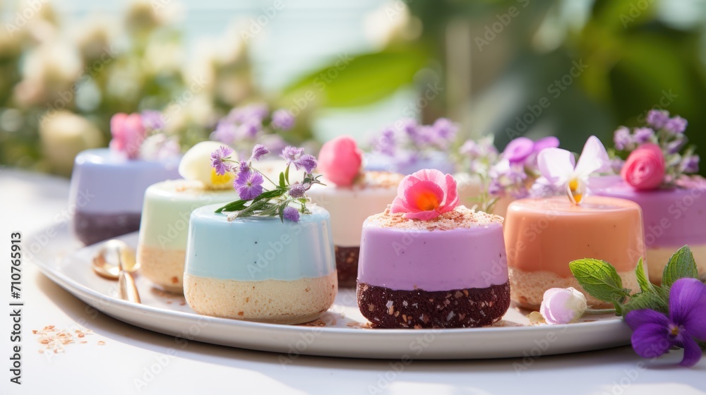 a close up of a plate of desserts on a table with purple and white flowers and greenery in the background. a close up of a plate of desserts on a table with purple and white flowers and greenery in the background.
