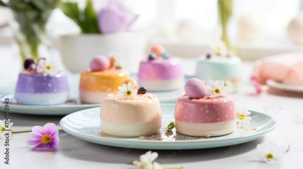a close up of a plate of desserts on a table with flowers in the background and a vase of flowers in the background. a close up of a plate of desserts on a table with flowers in the background and a vase of flowers in the background.