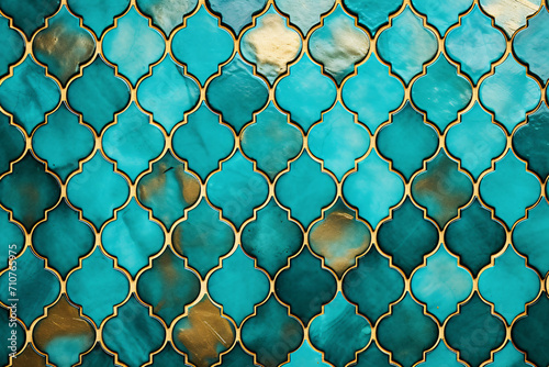 Beautiful turquoise and golden oriental style mosaic pattern tile wall background