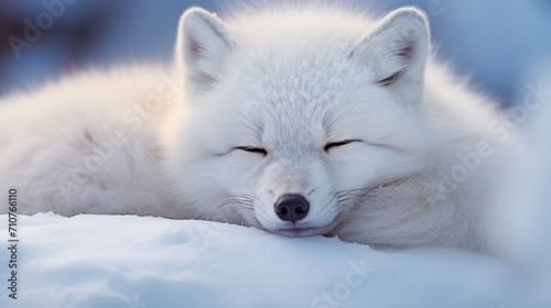 Close-Up of an Arctic fox (Vulpes lagopus) sleeping in the snow © Alicia