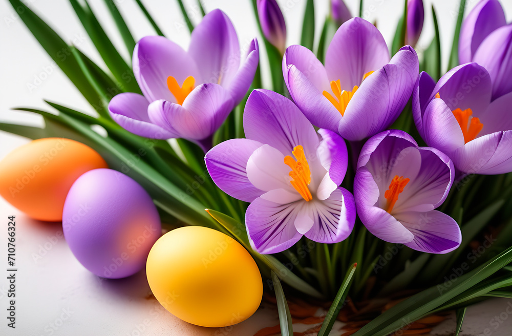 Fototapeta premium Spring composition with purple crocus flowers and easter eggs, Happy easter concept