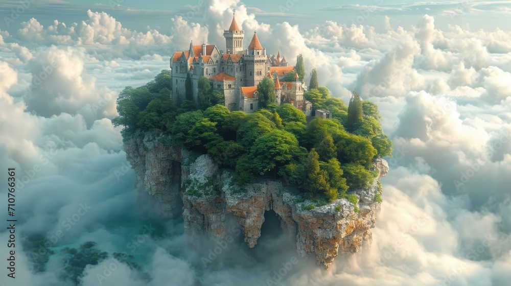 a castle sitting on top of a small island in the middle of a cloud ...
