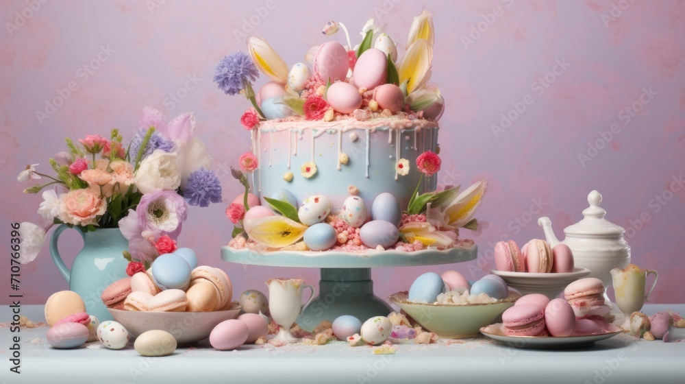 a blue cake sitting on top of a table next to a bowl of eggs and a vase filled with flowers. a blue cake sitting on top of a table next to a bowl of eggs and a vase filled with flowers.