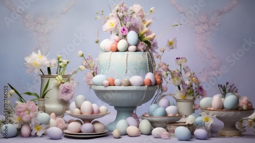 a table topped with a cake covered in eggs next to vases of flowers and vases filled with eggs.