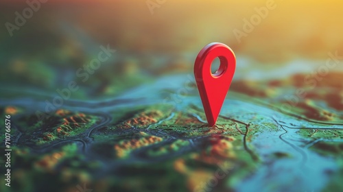 3D red pinpoint illustration, representing a location pin icon on a map photo