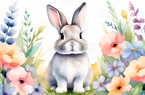 Fluffy bunny rabbit among garden flowers, watercolor illustration in pastel colors, Easter greeting card with white background