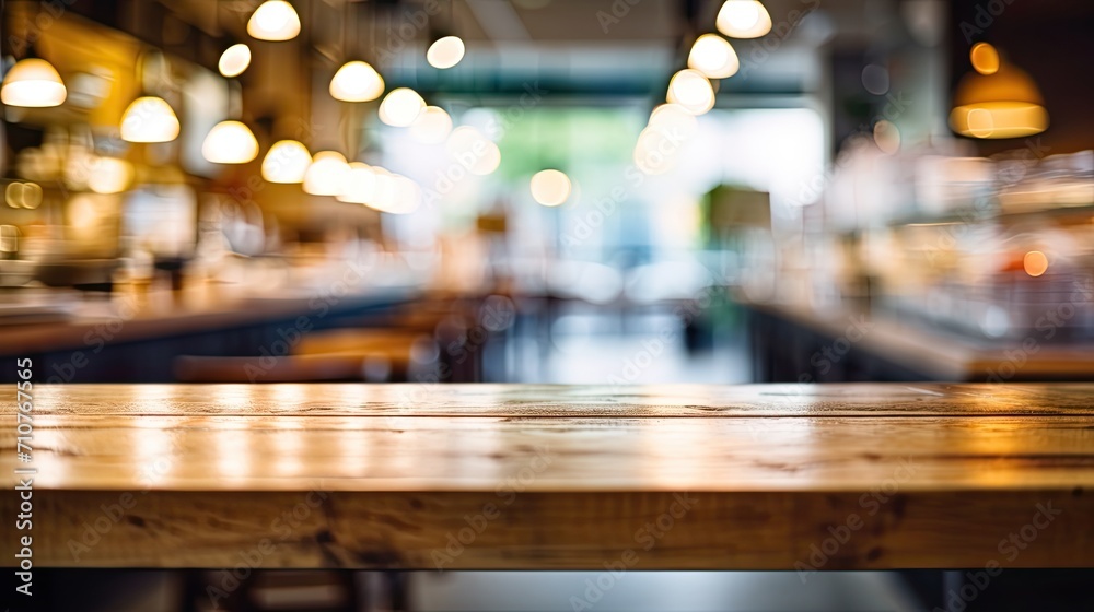 Wooden Table Product Display in Blurred Cafe Interior