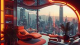A futuristic cosy room in a loft apartment with a view of futuristic view, colorful futurism.