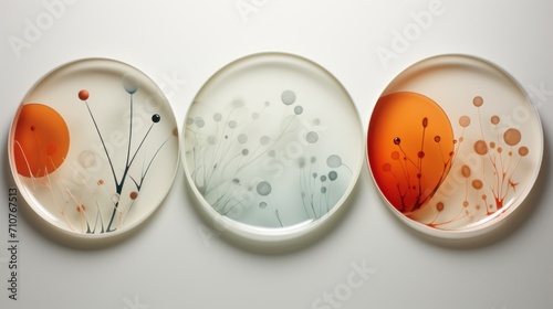  three plates with different designs on them sitting on a white surface, one of them is orange and the other is white. photo