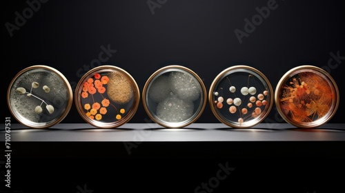  a row of glass plates sitting on top of a table next to a black wall with orange and white designs on them.