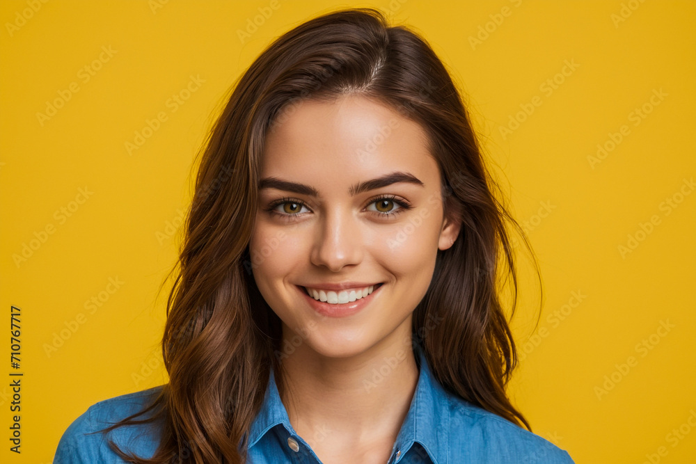 Smiling young girl with a blue shirt on a yellow background Smiling young girl with a blue shirt on a yellow background