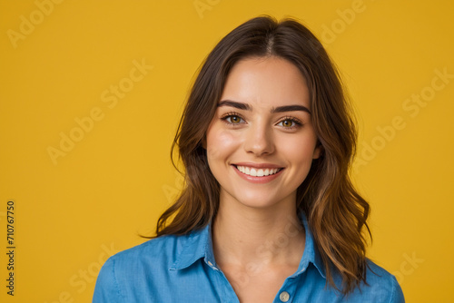 Smiling young woman in a blue shirt on a yellow background, close-up portrait
