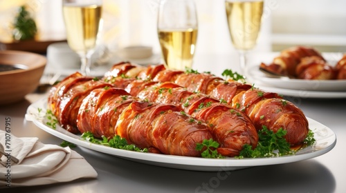  a white plate topped with croissants covered in sauce and garnished with parsley next to two glasses of champagne.