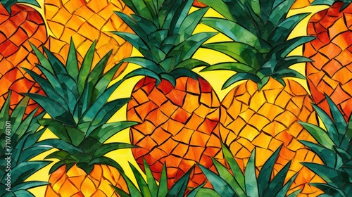  a painting of a group of pineapples on a yellow and orange background, with green leaves on the top of the pineapples.