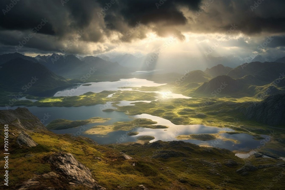 Sunshine through clouds over mountain range with distant valley and foreground water. Generative AI