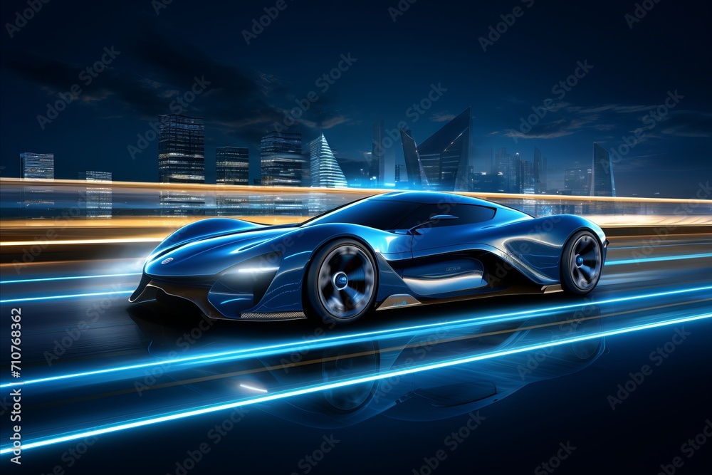 Futuristic car factory visuals with blurred bokeh effect for automotive innovation background.