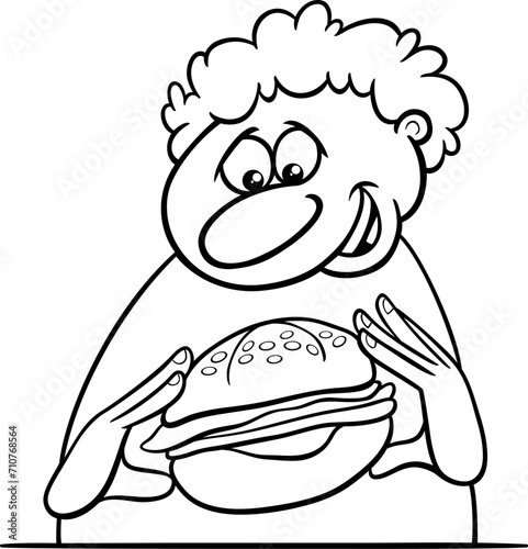 cartoon man character eating a cheeseburger coloring page
