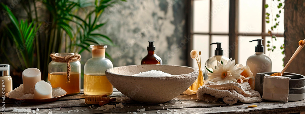 Fototapeta premium Spa products in the bathroom. Selective focus.