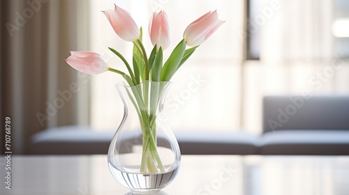  a vase filled with pink tulips sitting on top of a table in front of a living room window.
