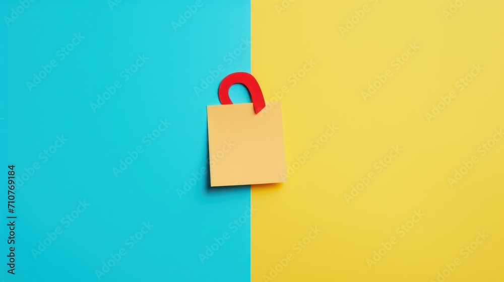  a piece of paper with a red handle on a blue and yellow background with a red handle on a yellow and blue background. - obrazy, fototapety, plakaty 