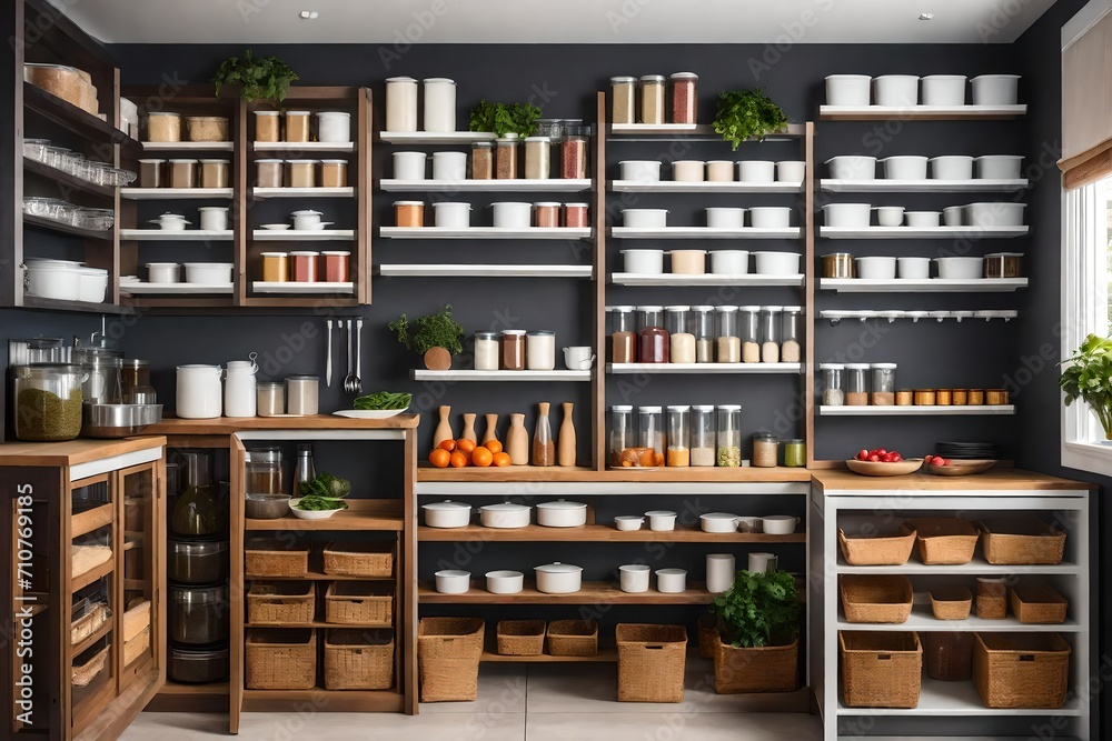 home storage area organize management home interior design pantry shelf and storage for store food and stuff in kitchen home design concept