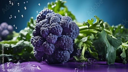  a close up of a bunch of broccoli on a purple surface with water splashing on the broccoli.