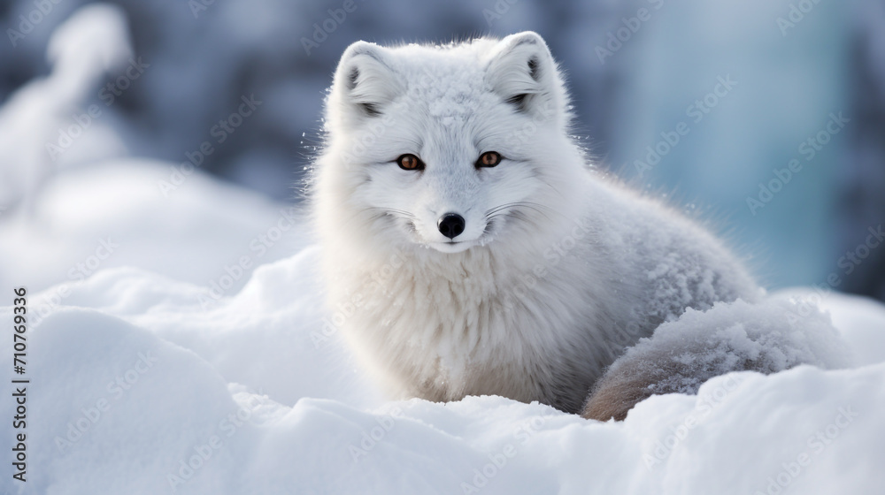 Close-Up of an Arctic fox (Vulpes lagopus) sitting in the snow Close-Up of an Arctic fox (Vulpes lagopus) sitting in the snow