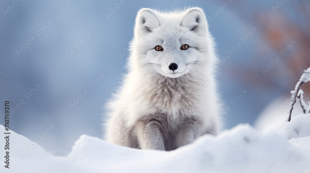 Close-Up of an Arctic fox (Vulpes lagopus) sitting in the snow
