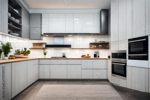 Interior of kitchen with modern oven white background 