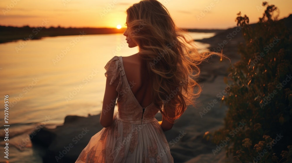  the back of a woman's head as she stands near a body of water with a sunset in the background.
