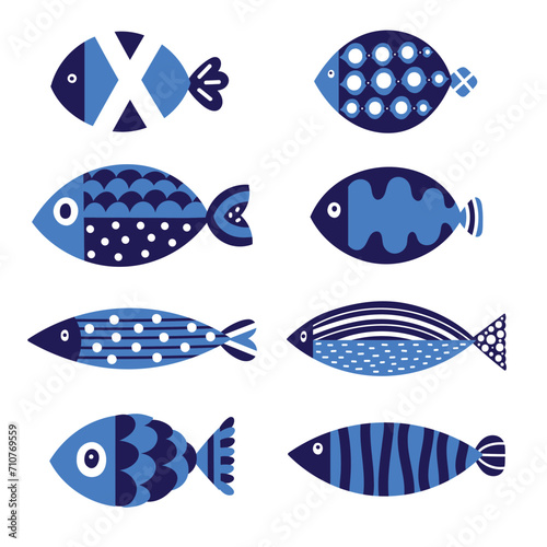 Cute retro colorful cartoon illustration with  fish on white background. Vector illustration set.