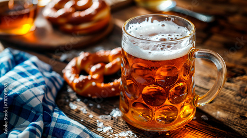 A mug of beer and a pretzel bun on the table. Selective focus. photo