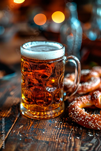 A mug of beer and a pretzel bun on the table. Selective focus.