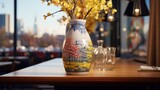  a vase with a painting on it sitting on a table next to a glass vase with a tree in it.