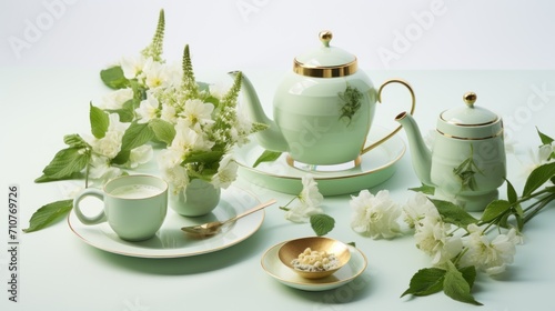  a table with a tea pot, teacup, saucer, plate, flowers, and other items on it.