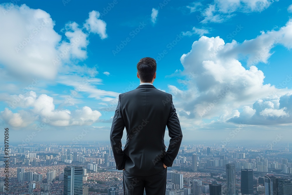 A businessman behind looking for town and blue-sky clouds on building top views. A businessman behind looking for town and blue-sky clouds on building top views.