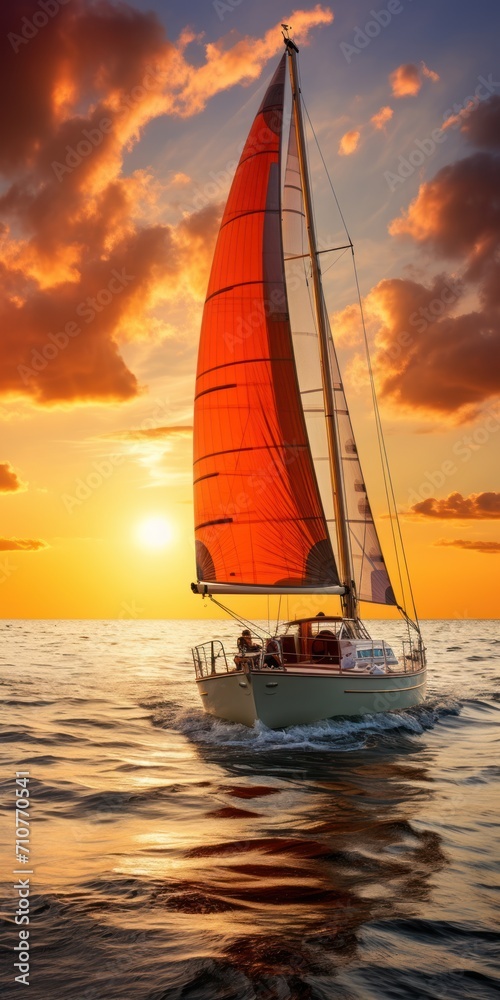  a sailboat with a red sail is in the ocean during a sunset or sunrise with clouds in the sky.